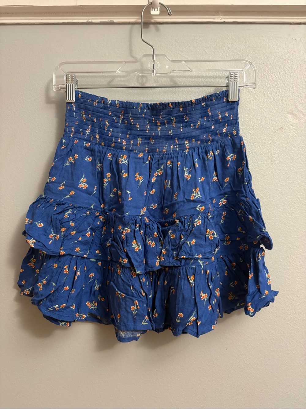 American Eagle Outfitters Blue Floral Smocked Ruffle Mini Skirt